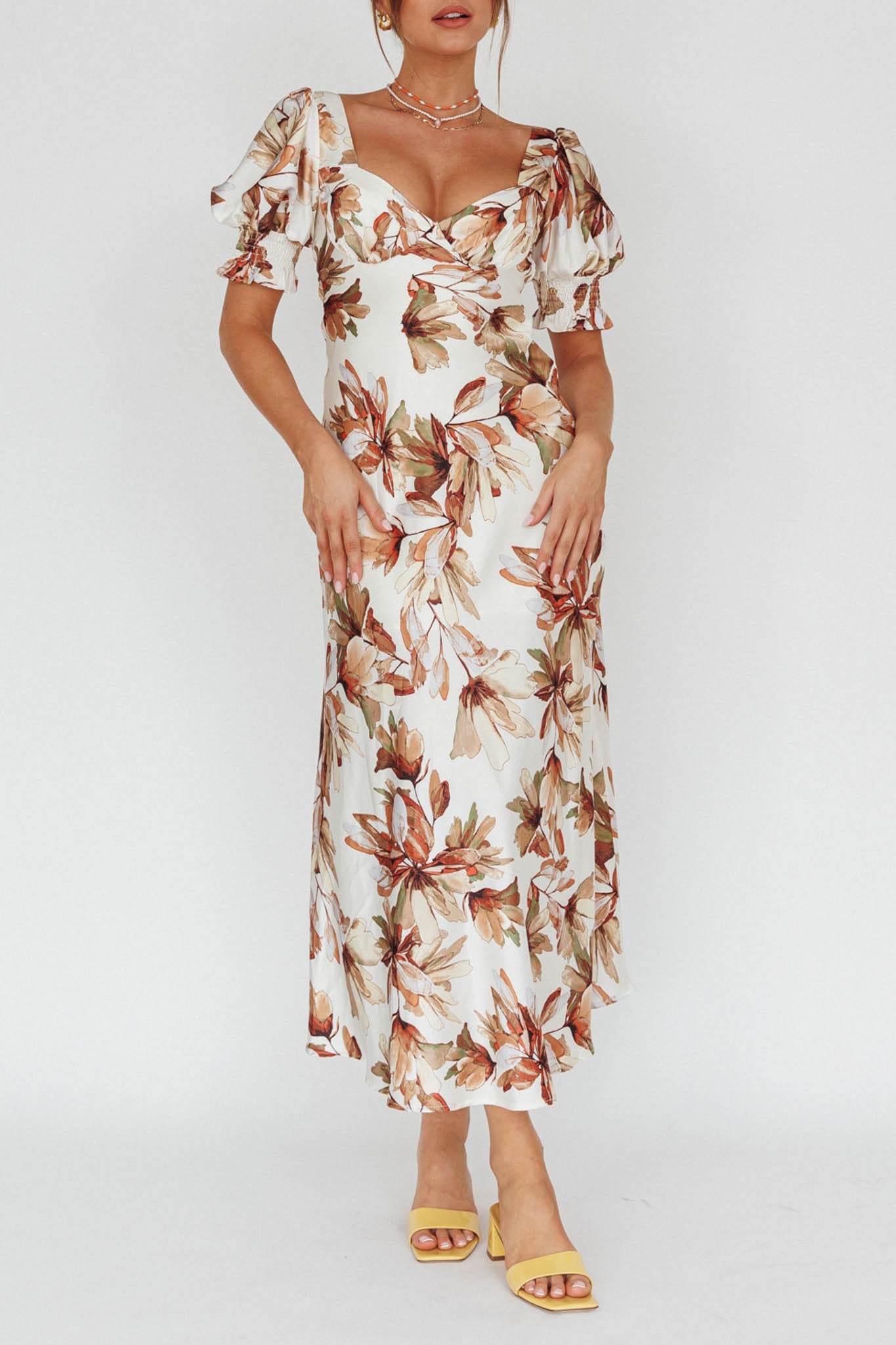Isabelle Cream Satin Floral Midi Dress S Isabelle Cream Satin Floral Midi Dress S