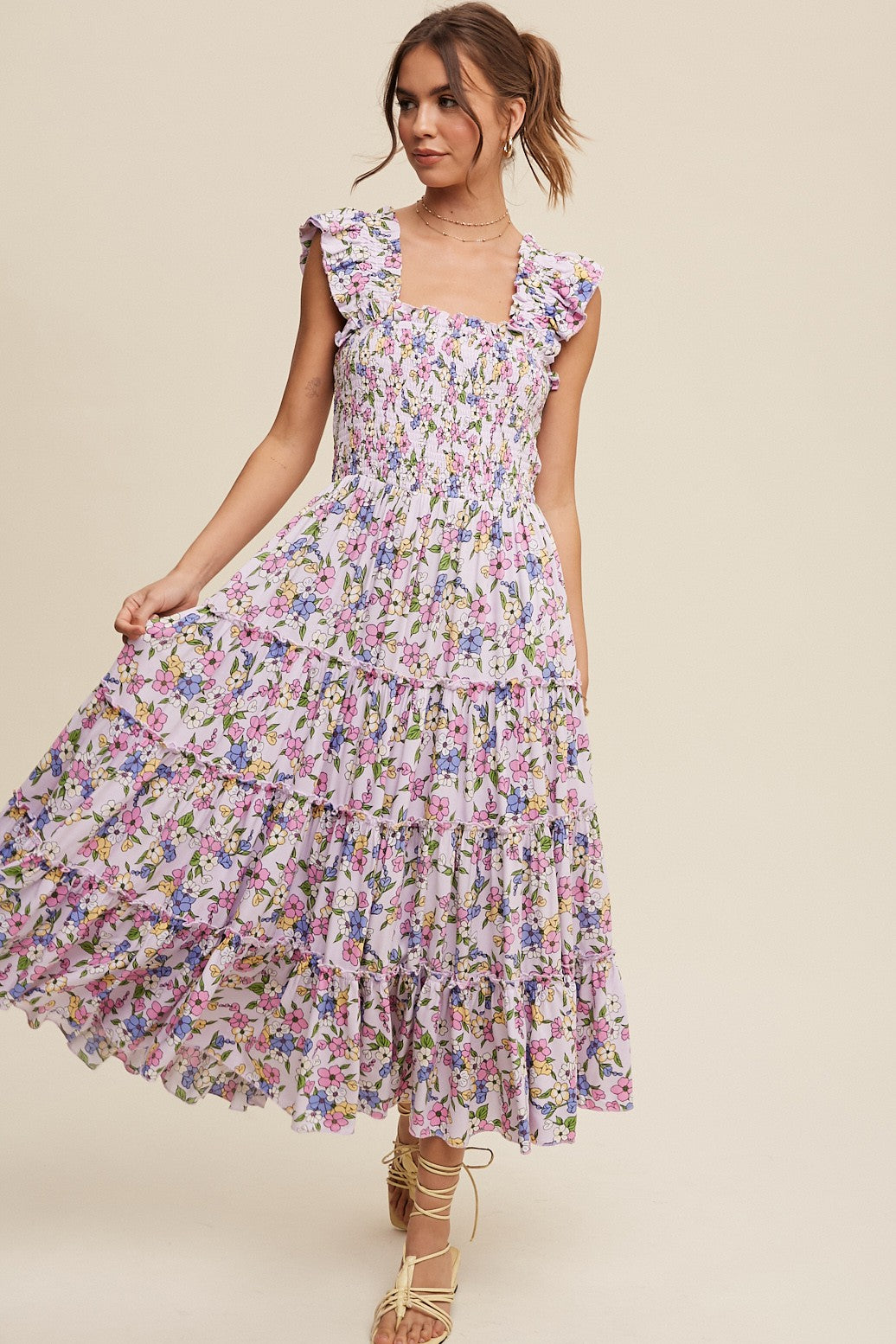 Lia Flower Print Ruffle Tiered Maxi Dress Small