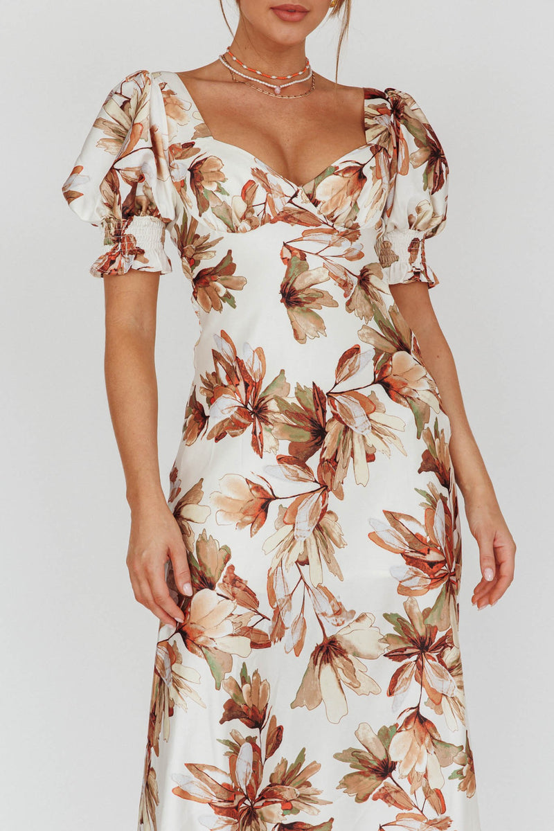 Isabelle Cream Satin Floral Midi Dress S