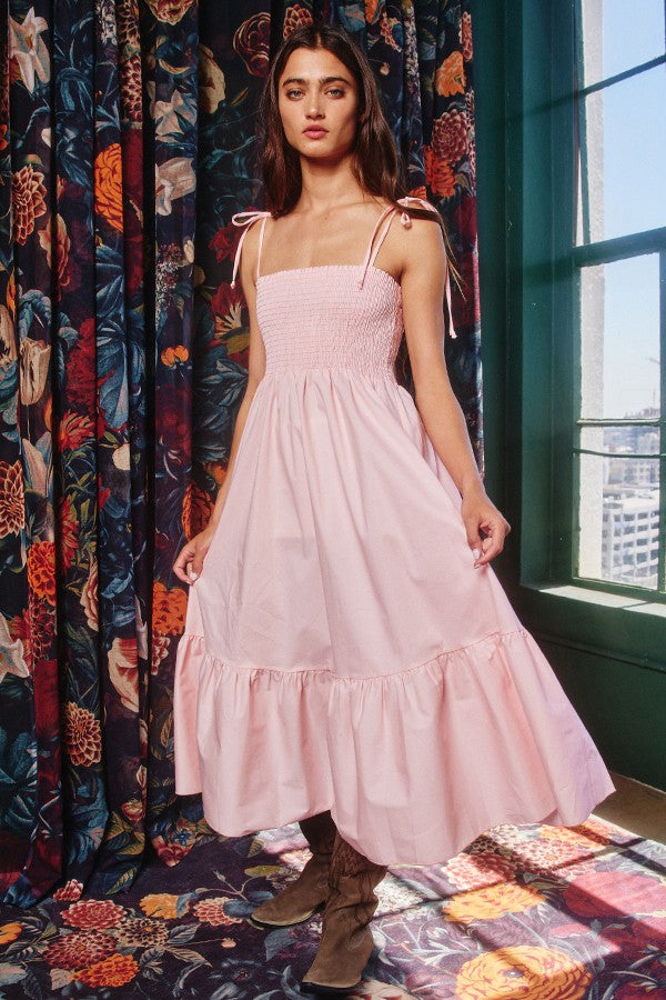 Amina Smocked Poplin Pink Midi Dress Small