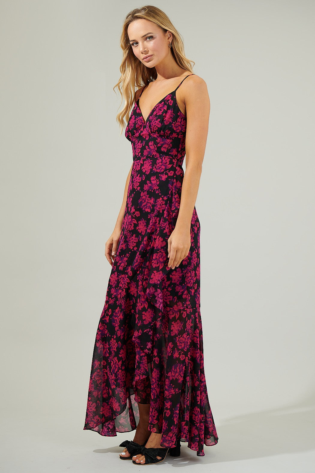 strapless open back dress Catherine Pink Floral Ruffle Maxi Dress – Thread + Vine Boutique