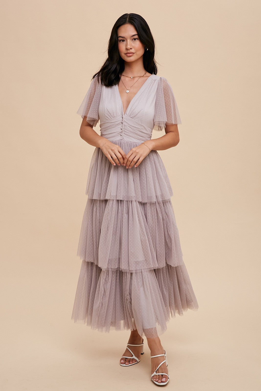 mesh tiered dress Lena Graceful V-Neck Swiss Dot Mesh Tiered Dress