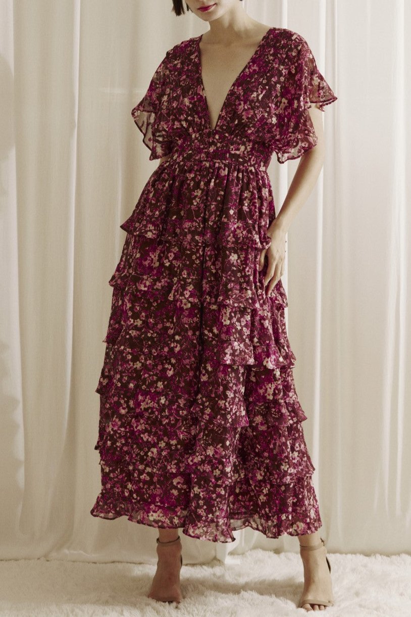 Aubree Ruffled Floral Print Midi Dress - Maroon Small Aubree Ruffled Floral Print Midi Dress - Maroon Small