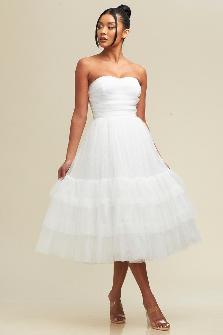 Alana White Tulle Strapless Midi Dress Small