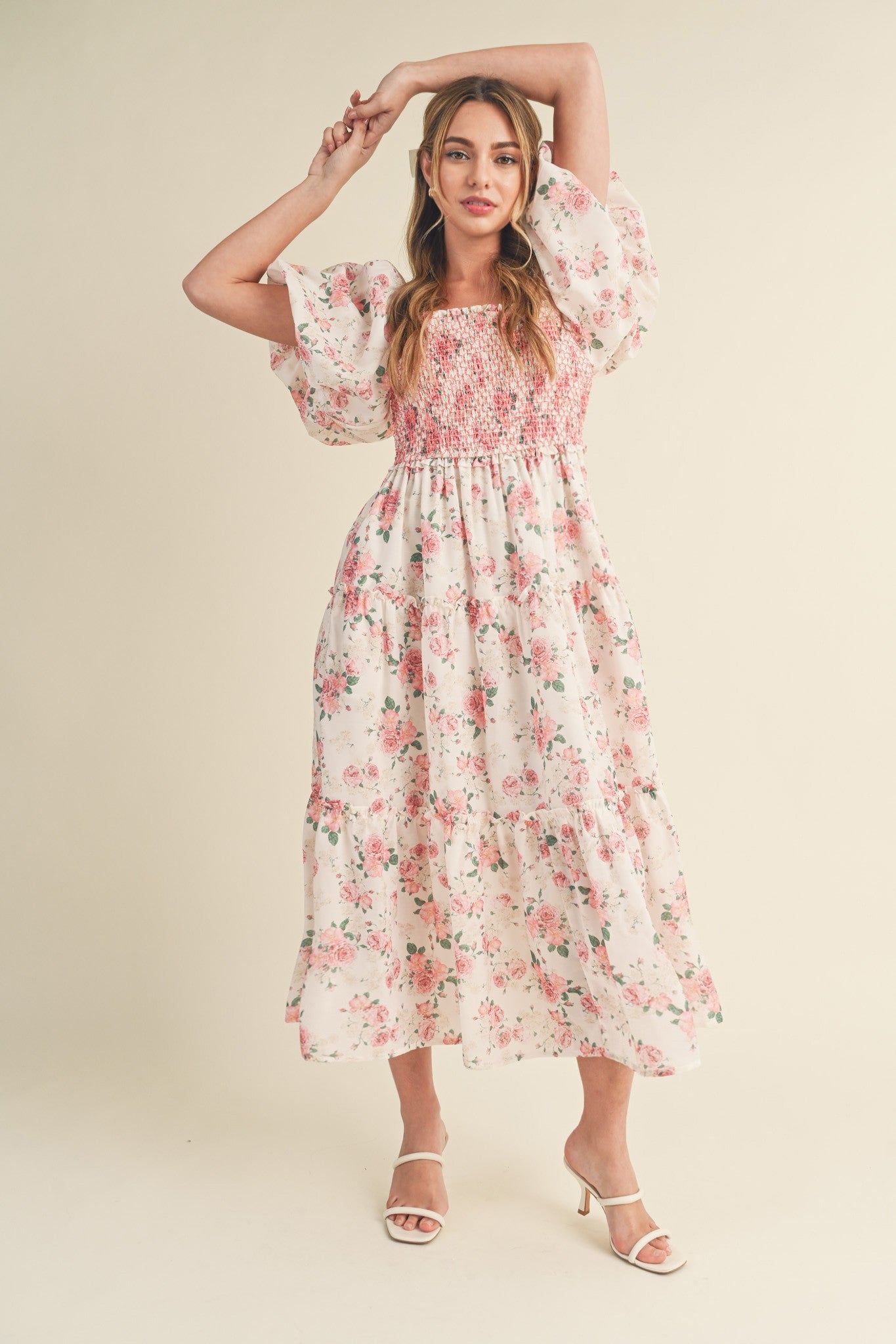 Mia Smocked Floral Puff Sleeve Maxi Dress - Pink Thread + Vine Boutique Mia Smocked Floral Puff Sleeve Maxi Dress - Pink Thread + Vine Boutique