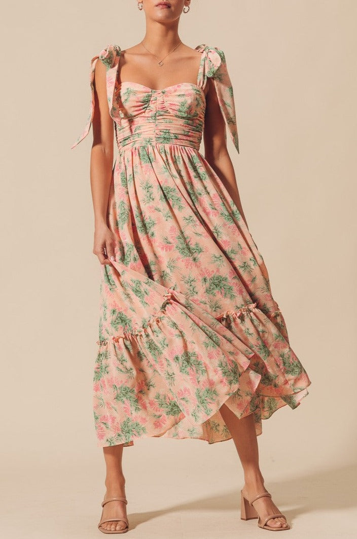Leandra Peach Tie Strap Floral Midi Dress Small Leandra Peach Tie Strap Floral Midi Dress Small