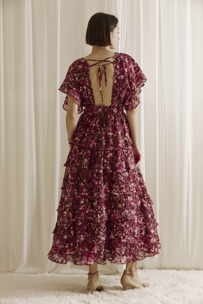 Aubree Ruffled Floral Print Midi Dress