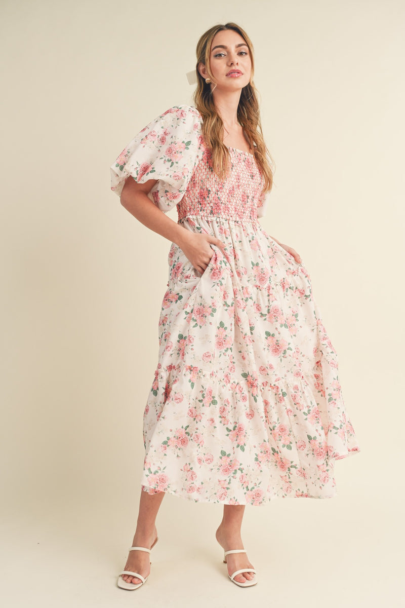 strapless open back dress Mia Smocked Floral Puff Sleeve Maxi Dress