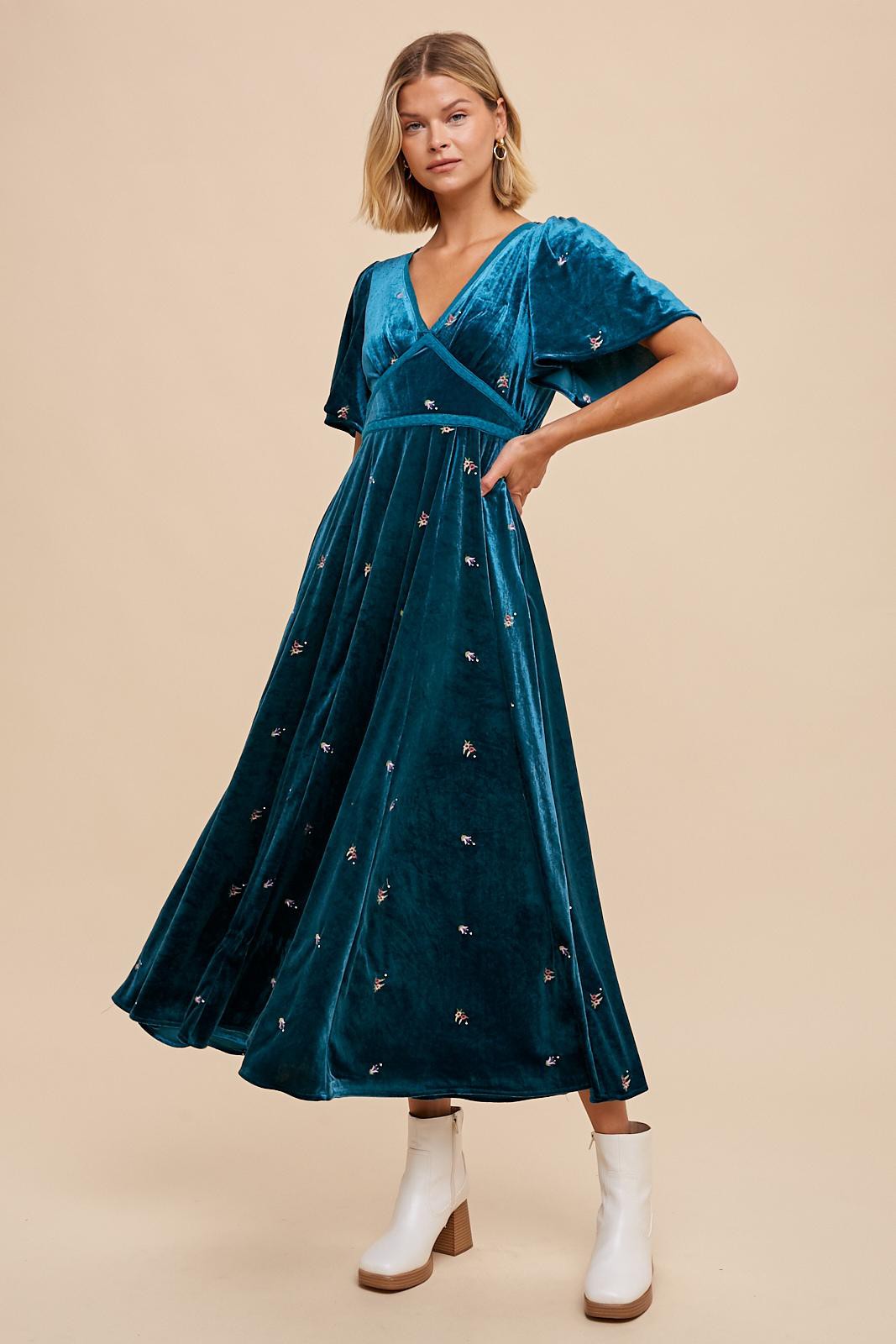 Stretch Velvet Monsoon Teal Velvet Dress Teal Green Velvet Wrap Dress: Long Sleeve And Floor-Length, Stretch Velvet Monsoon Teal Velvet Dress Teal Green Velvet Wrap Dress: Long Sleeve And Floor-Length,