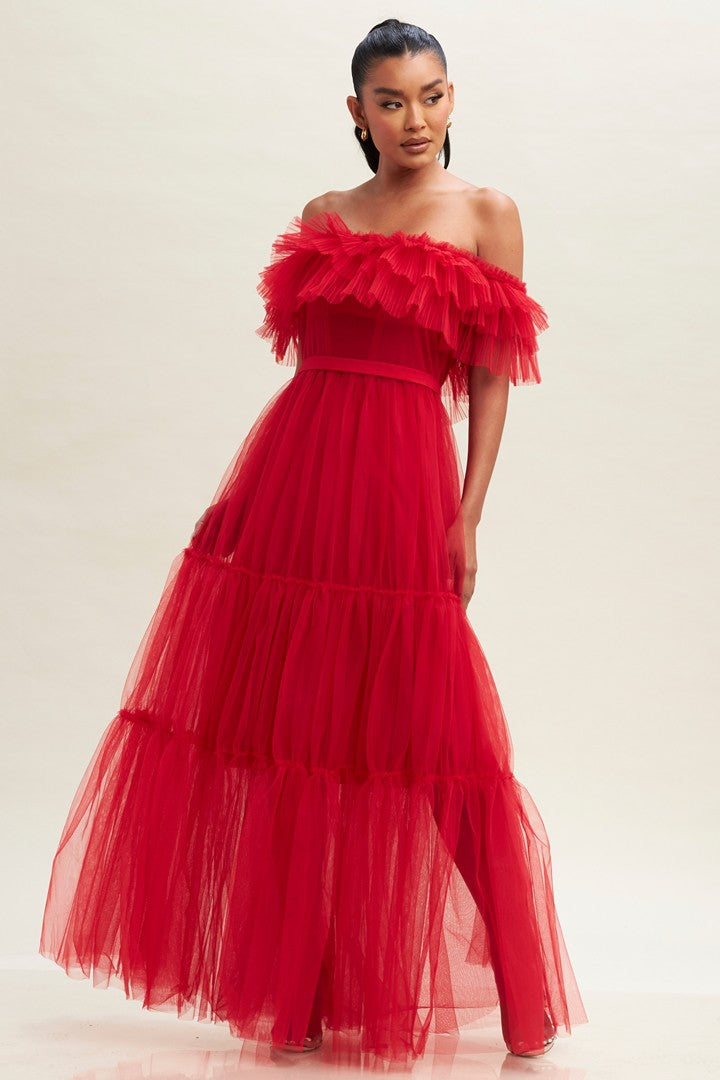 Kiana Tiered Tulle Red Maxi Dress Small Kiana Tiered Tulle Red Maxi Dress Small