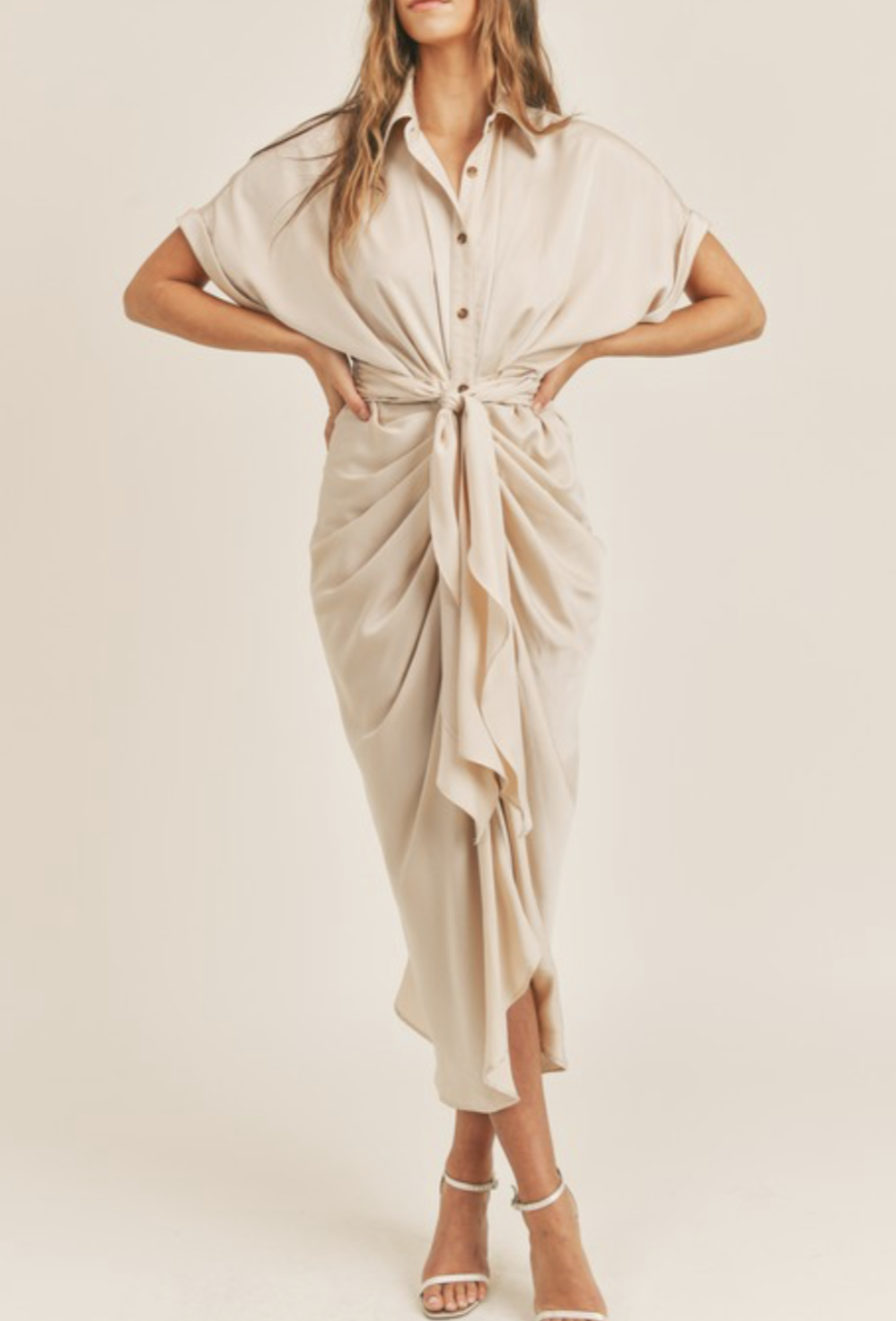 Button Down Satin Midi Shirt Dress Champagne Thread Vine Boutique