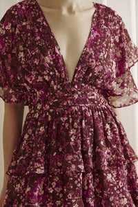 Aubree Ruffled Floral Print Midi Dress - Maroon