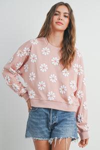 Mauve Sweatshirt Daisy Embroidery Round Neck Long Sleeve Casual Outwear