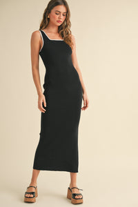 Black & White Midi Dress Knitted Square Neckline Sleeveless Side Slit Casual Wear