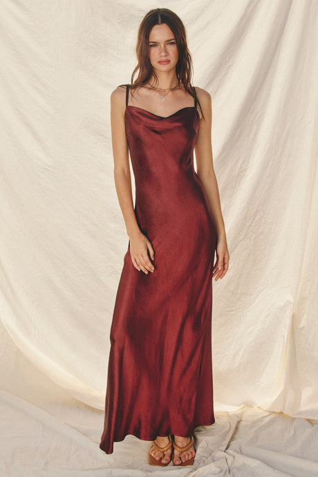 Adelaide Satin Cowl Neck Open Back Maxi Dress - Deep Red