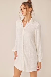 Khloe White Sequin Mini Shirt Dress
