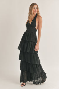 Black lace boho formal tier maxi gown dress