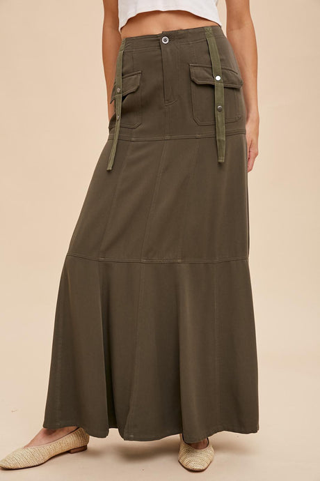 Nova Dark Olive Tencel Twill Utility Maxi Skirt