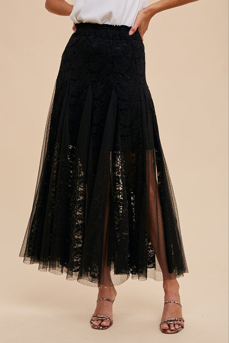 Madison Black Elegant Lace Paneled Maxi Skirt