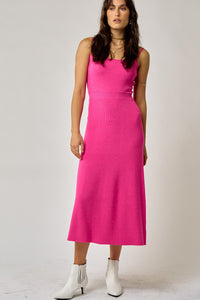 Hannah Hot Pink Square Neck Pleated Sweater Dress