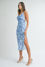 Load image into Gallery viewer, Adriana Satin Floral Cowl Neck Drape Midi Dress