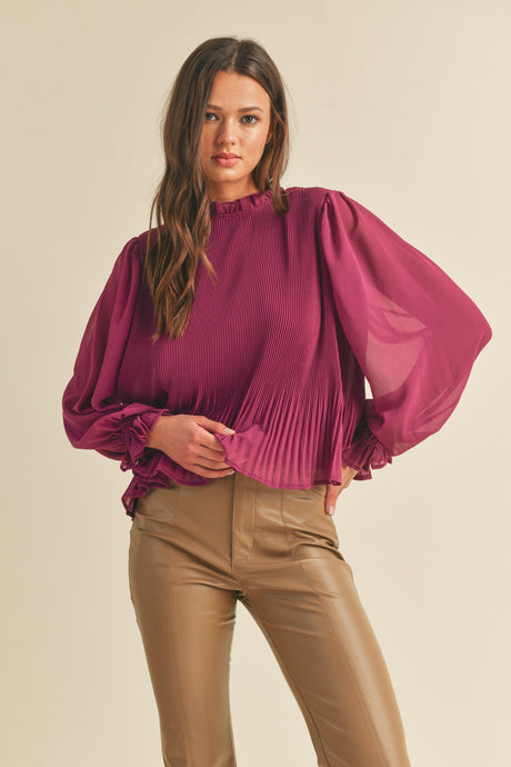 Amelia Purple Pleated High Ruffle Neck Top