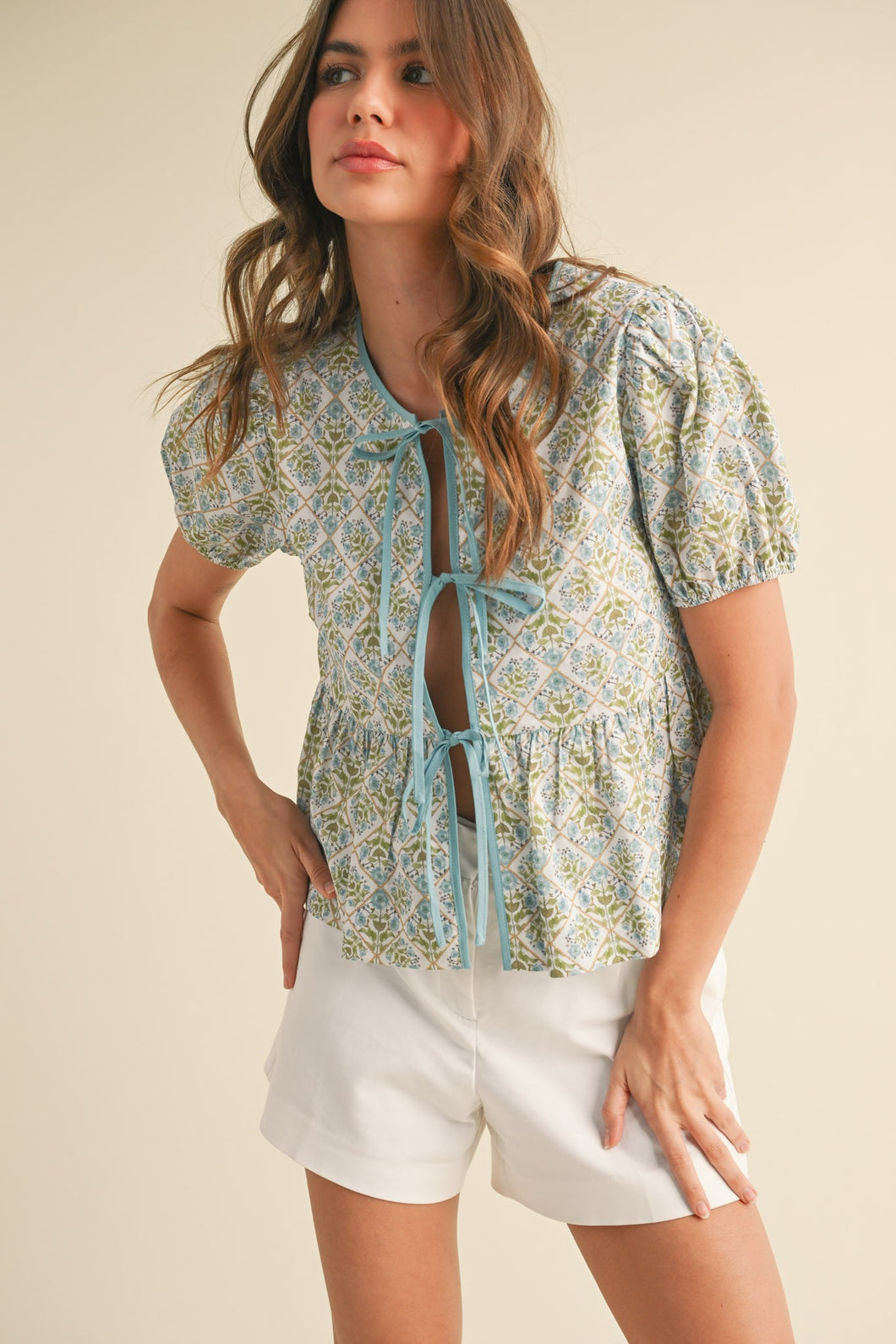 Teal Blue Top Floral Pattern Tie Front Closure Puff Short Sleeve with Elastic Cuffs Casual Outfit