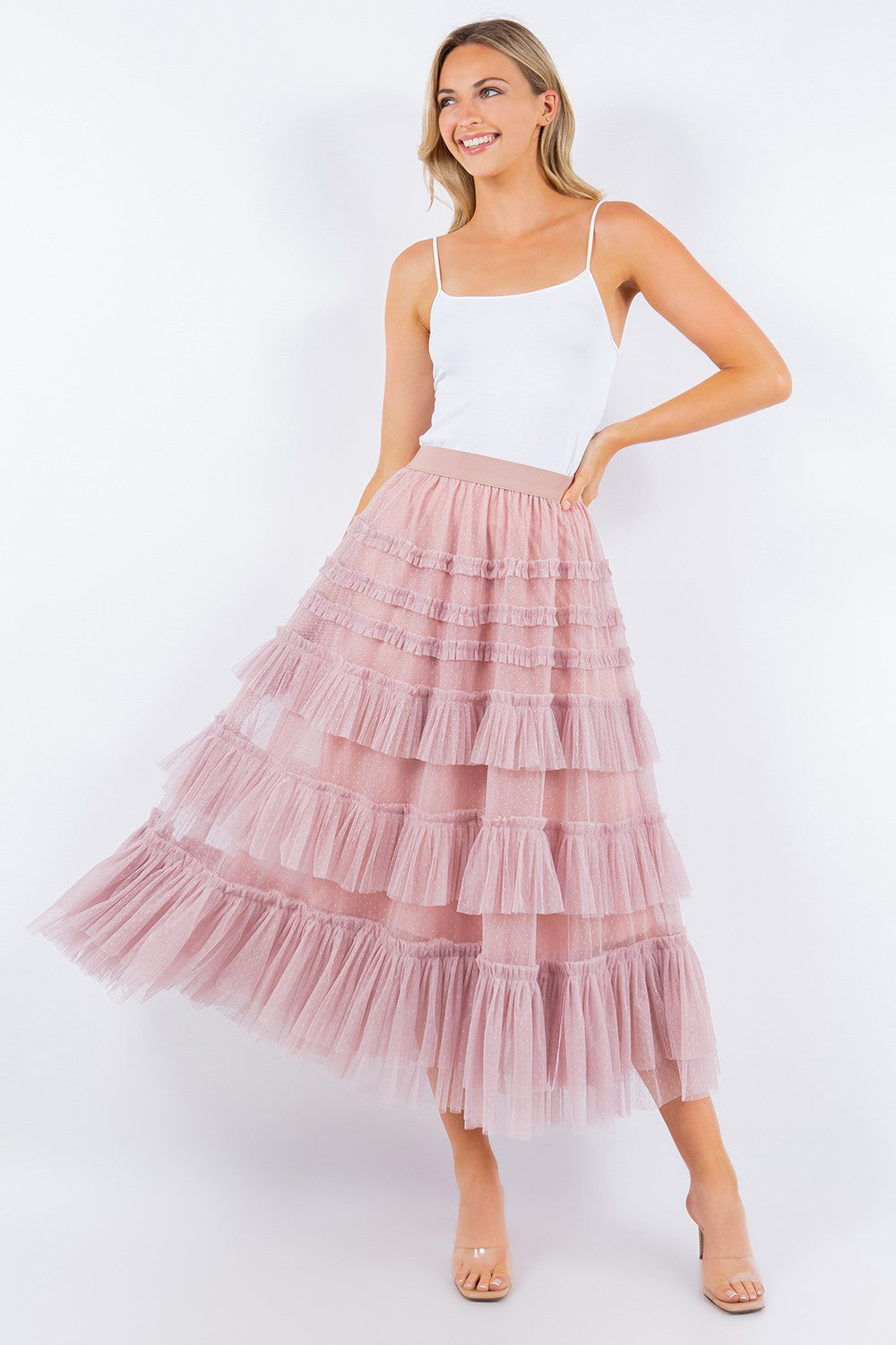 Isla Whimsical Blush Ruffled Tiered Mini Dot Tulle Midi Skirt