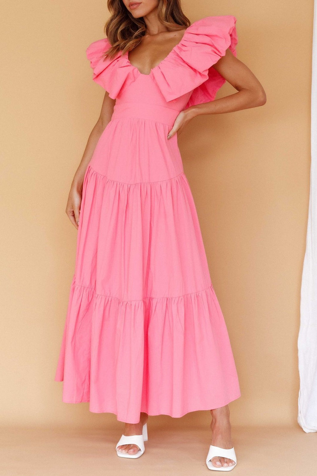Alaia Lined Puff Sleeve Maxi Dress in Soft Pink