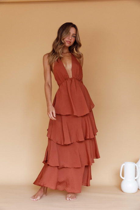 Plunging tiered ruffle maxi dress gown burnt orange event wedding guest outfit