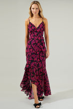 Load image into Gallery viewer, fuchsia hot pink and black floral maxi ruffle wrap dress spaghetti strap prom dresses gown wedding guest graduation event formal wear