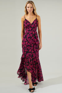 fuchsia hot pink and black floral maxi ruffle wrap dress spaghetti strap prom dresses gown wedding guest graduation event formal wear