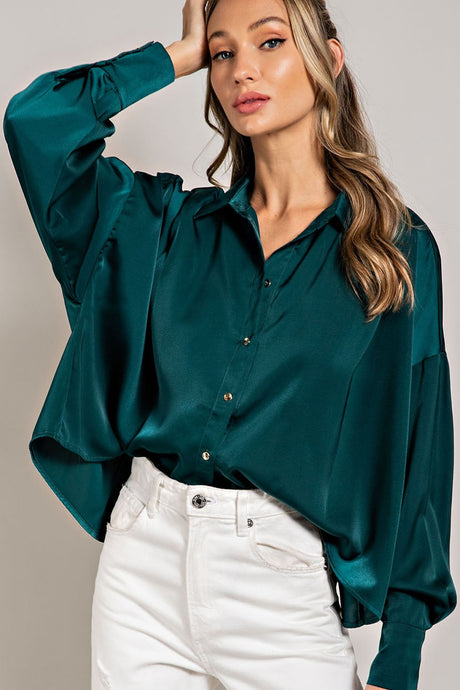 Evelyn Teal Satin Cropped Blouse Top