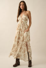 Load image into Gallery viewer, Taupe Maxi Dress Crepe Fabric Halter Neckline Sleeveless Side Pocket Open Back with Tie Prom Wear
