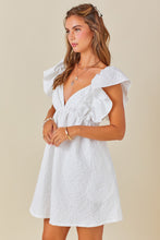 Load image into Gallery viewer, Open back jacquard white babydoll mini dress summer flutter ruffle flare