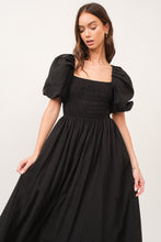 Load image into Gallery viewer, Zuri Black Open Back Smocked Midi Dress