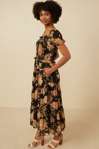 Melody Vintage Bloom Smocked Puff-Sleeve Midi Dress