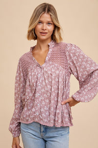 Isabella Mulberry Lace Inset Button-Down Blouse