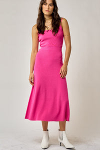 Hannah Hot Pink Square Neck Pleated Sweater Dress