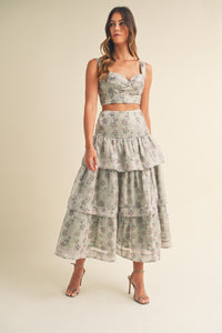 Madilyn Organza Floral Crop Top and Ruffle Maxi Skirt Set