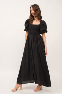 Zuri Black Open Back Smocked Midi Dress