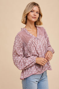 Isabella Mulberry Lace Inset Button-Down Blouse