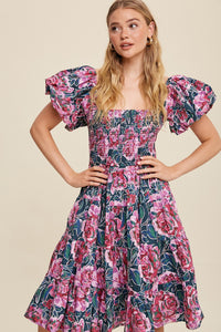 Vivienne Floral Print Puff Sleeve Midi Dress