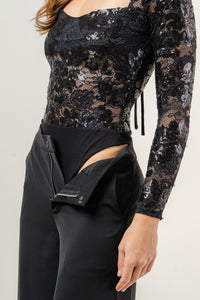 Rylie Black Sequin Lace Long Sleeve Bodysuit