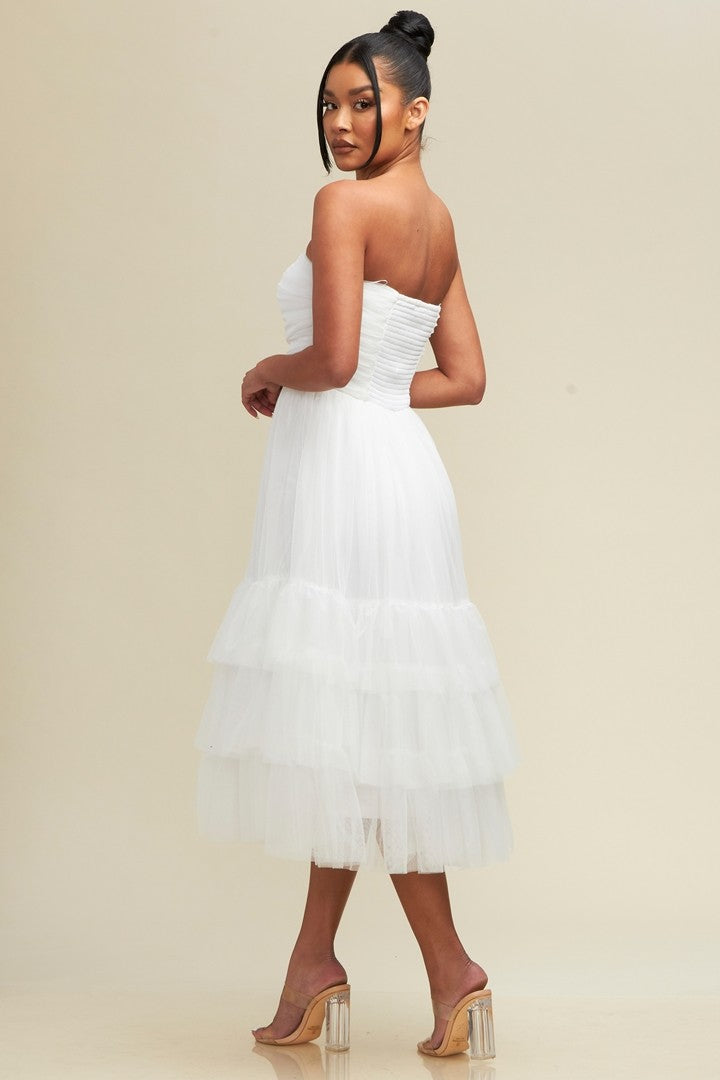 Alana White Tulle Strapless Midi Dress Small