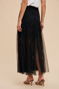 Madison Black Elegant Lace Paneled Maxi Skirt