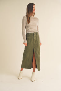 Eleanor Olive Washed Cotton Slit Front Long Skirt