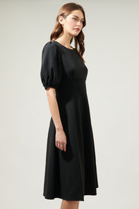 Madelyn Puff Sleeve Black Midi Dress