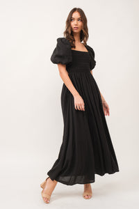 Zuri Black Open Back Smocked Midi Dress