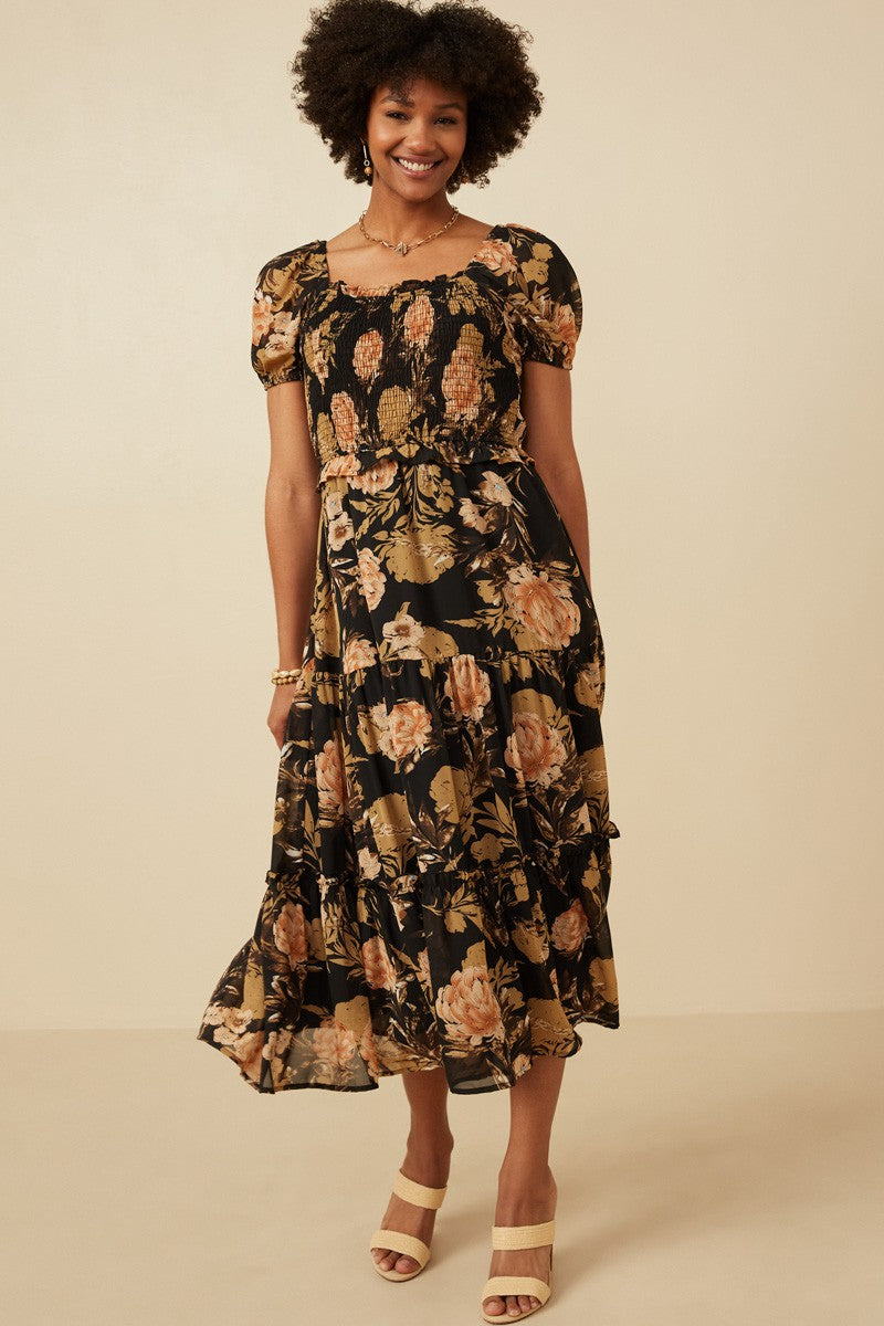 Melody Vintage Bloom Smocked Puff-Sleeve Midi Dress